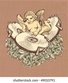Angel and turntables - retro drawing