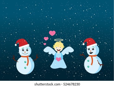 Angel and two snowmen under the snowing sky
Christmas illustration vector