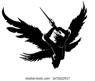 An angel with a two-handed sword breaks into battle preparing to make a mighty blow. He has 4 wings. View from above. 2d illustration.
