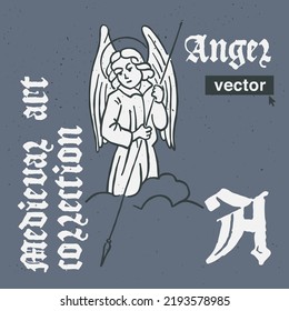 Angel vector engraving style illustration. Medieval art with blackletter calligraphy. Perfect for retro labels, vintage logos, music album covers, circus posters, potions packaging, etc.