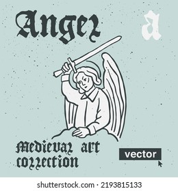 Angel vector engraving style illustration. Medieval art with blackletter calligraphy. Perfect for retro labels, vintage logos, music album covers, circus posters, potions packaging, etc.