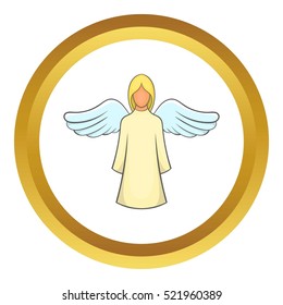 Angel vector icon in golden circle, cartoon style isolated on white background
