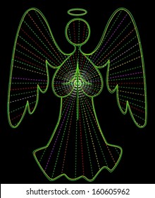 Angel vector line drawing in green, with colored light rays, and cross of white light.