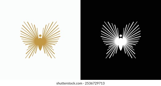 Angel vector logo design with butterfly wings light beam in modern, simple, clean and abstract style. Icon for business, jewelry, fashion and personal branding.