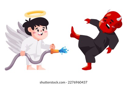 Angel versus daemon evil good vs bad cartoon character fight with water hose