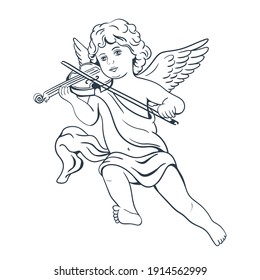 Angel with a violin isolated on white background. Vector. Line Art. Illustration. Template. Vintage. Card. Clipart. Close-up. Valentine's Day