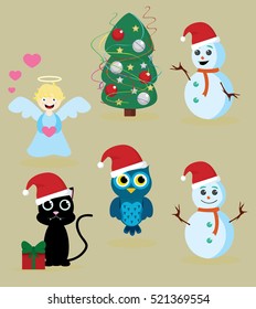 angel visiting Christmas celebration with snowmen, little owl and cute cat
vector illustration, set