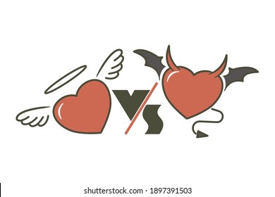 Angel vs devil heart. The concept of our inner conflict between good and evil. Flat style illustration. Isolated on white background. 