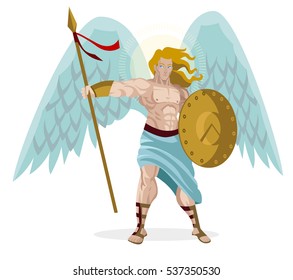 angel warrior with shield and spear and wings