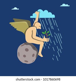 The angel watered the sprout from the cloud. Vector illustration.
