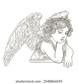 Anjo decoração de casamento, cupido de dia dos namorados, arte de ilustração preto e branco