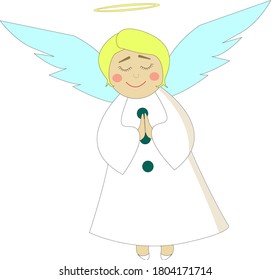 angel in white clothes, closed his eyes, folded his arms over his chest and smiles sweetly