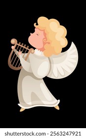 angel in white clothes and with a harp