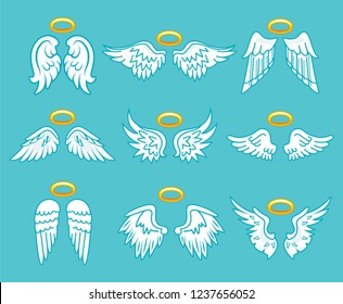 Angel white feather wings with nimbus set. Saint spiritual being symbol. Vector flat style cartoon illustration isolated on blue background
