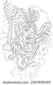 angel wielding sword and shield in the clouds