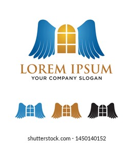 Angel window logo. House, real estate, apartments, hotels with wings symbol