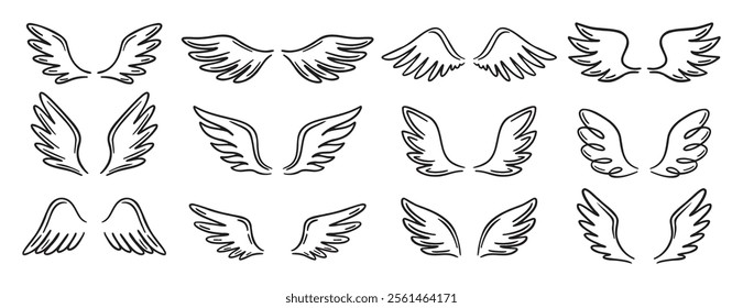 Angel wing doodle hand drawn icon set. Outline drawing angel wings line clipart symbol collection. Vector illustration