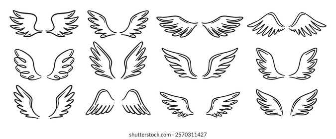 Angel wing doodle hand drawn icon set. Outline drawing angel wings line clipart symbol collection. Vector illustration