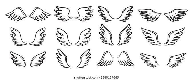 Angel wing doodle hand drawn icon set. Outline drawing angel wings line clipart symbol collection. Vector illustration