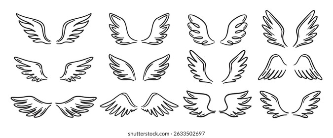 Angel wing doodle hand drawn icon set. Outline drawing angel wings line clipart symbol collection. Vector illustration