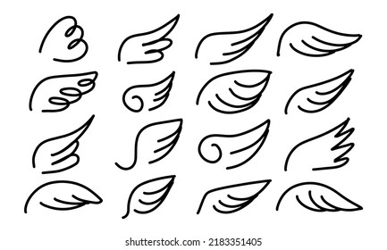 Angel wing doodle logo and cartoon simple icon eagle dove. Minimalist fly pictogram tattoo vector illustration. Element freedom symbol and isolated white background set. Silhouette shape winged sign