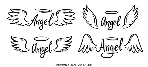 Angel wing with halo and angel lettering text set. Hand drawn line sketch style wing. Simple vector illustration.