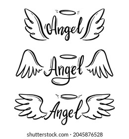 Angel wing with halo and angel lettering text set. Hand drawn line sketch style wing. Simple vector illustration.