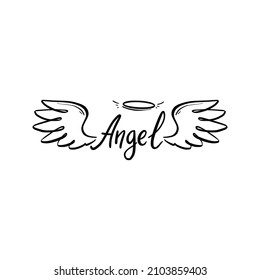 Angel wing with halo and angel lettering text. Hand drawn line sketch style wing. Simple vector illustration.