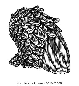 Angel Wing. Illustration on white background. Black and white style vector of bird wing.