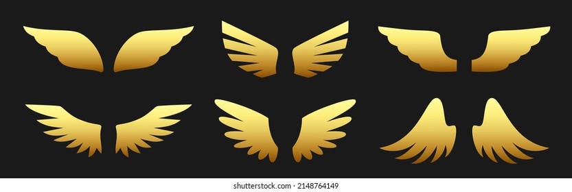 Angel wing metallic gold heraldic logo flat set. Military emblem freedom flight insignia award badge. Nature object simple effect glossy sticker bird wing feather open shape flight sky isolated