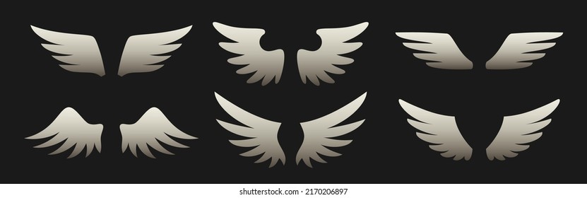 Angel wing metallic silver heraldic logo flat set. Military emblem freedom flight insignia award badge. Nature object simple effect glossy sticker bird wing feather open shape flight sky isolated