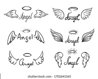 Angel wing set, drawing and decorative emblem. Flight for freedom, heaven symbol. Vector line art illustration isolated on white background