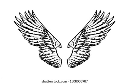 Angel wing in vintage style. Template for tattoo and emblems, t-shirts and logo. Emblem for stickers. Engraved sketch. Vector illustration.