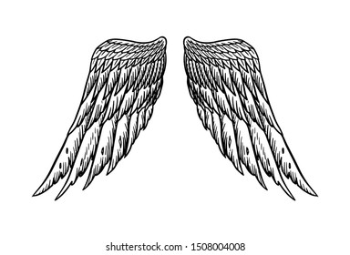 Angel wing in vintage style. Template for tattoo and emblems, t-shirts and logo. Emblem for stickers. Engraved sketch. Vector illustration.