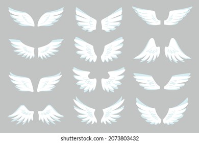 Angel wing white bird emblem flight sticker flat set. Vintage badge freedom decoration. Heraldic tattoo symbol. Air sky logo tribal sticker. Empty simple contour of different shapes isolated on white