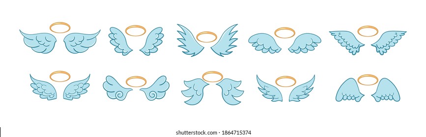 Angel winged glory halo cute cartoon drawings isolated on white background. Flying angel wings with a golden halo in flat style. Cartoon vector illustration. Eps 10.