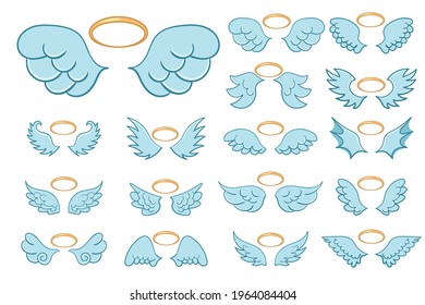 Angel winged glory halo cute cartoon drawings isolated on white background. Flying angel wings with a golden halo in flat style. Cartoon vector illustration. Eps 10.