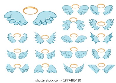 Angel winged glory halo cute cartoon drawings isolated on white background. Flying angel wings with a golden halo in flat style. Cartoon vector illustration. Eps 10.