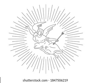 Angel with wings and an arrow in his hands. Goddess, the Holy virgin carries the message in the rays. Cupid, happy Valentine's day greetings vector.