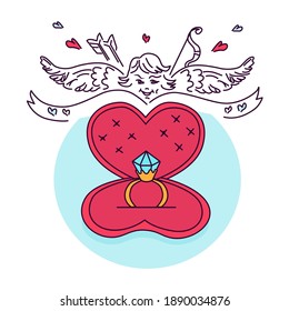 Angel with wings and arrows, diamond ring in shape of heart for Valentine's Day gift. Vector Illustration about love, wedding, engagement and marriage. Congratulation Postcard, stickers, logo.