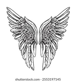 Angel wings or bird. Angel winged glory sketch doodles vector illustration isolated on white background. Tattoo style image.