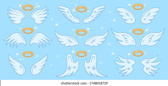 Angel wings. Cartoon angels wing and nimbus, winged angel holy sign, heaven elegant angel wings vector illustration icons set. Angel, wings with holy nimbus, symbol wing isolated