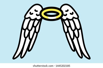 Angel Wings in cartoon style. Nimbus, two wings and a colored background. Vector illustration for greeting card, poster, or banner.