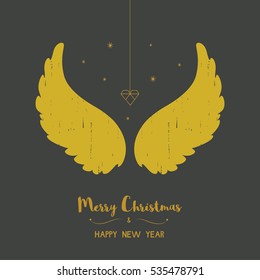 Angel wings, Christmas background, Gold stars and geometric heart on gray background