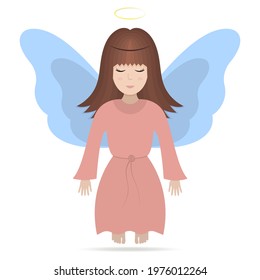 Angel with wings. Colored vector illustration. A girl with a halo over her head. The fairy lady closed her eyes. The little sorceress is flying. Isolated white background. Flat style. Brunette girl. 