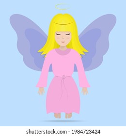 Angel with wings. Colored vector illustration. A girl with a halo over her head. The fairy lady closed her eyes. The little sorceress is flying. Isolated blue background. Flat style. Blonde girl. 
