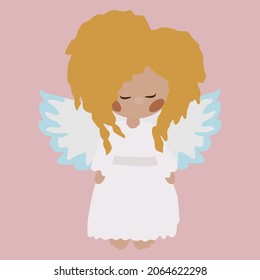 angel with wings and curly hair, vector drawing, isolate on pink background