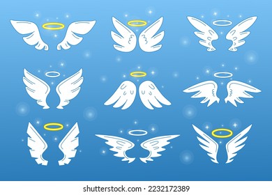 Angel wings, cute halo rings. Love bird nimbus, heaven jesus effulgence, white holiday signs. Cartoon flat elements isolated on blue background. Vector cartoon recent illustration