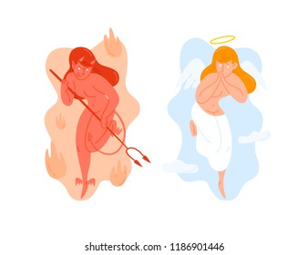 Angel with wings and Devil holding pitchfork. God and Satan. Heaven and hell creatures. Good and evil female cartoon characters isolated on white background. Colorful flat vector illustration.