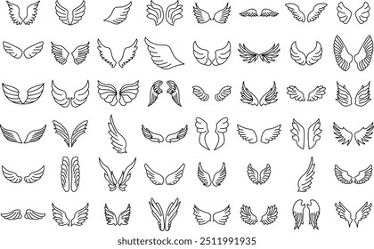 Angel wings - Doodle bird feather wings, black tattoo. Thin line art Editable Stroke icon set.